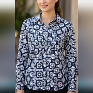 Talbots Petite Navy &White Floral Lightweight Button-Up Blouse(Size:Small)